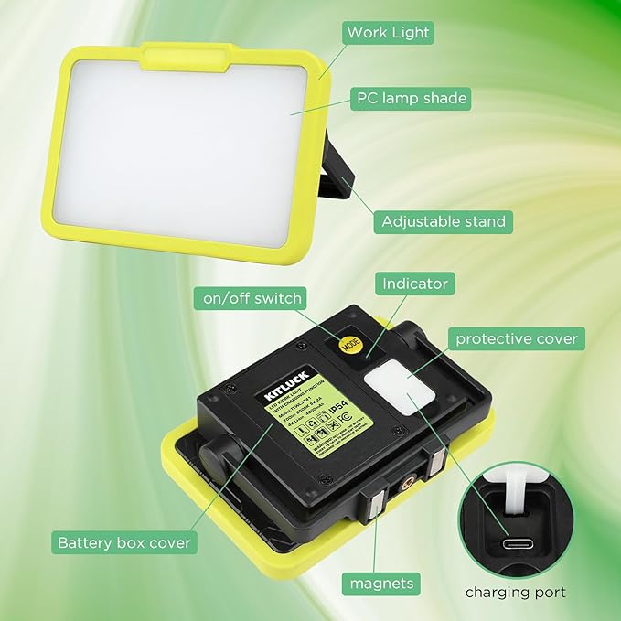 KITLUCK LED Work Light, Rechargeable, 700 LM Magnetic Portable Flood Light with Adjustable Stand, IP54 Waterproof, 3 Lighting Modes with Emergency SOS, for Camping, Car Repair,1Pack