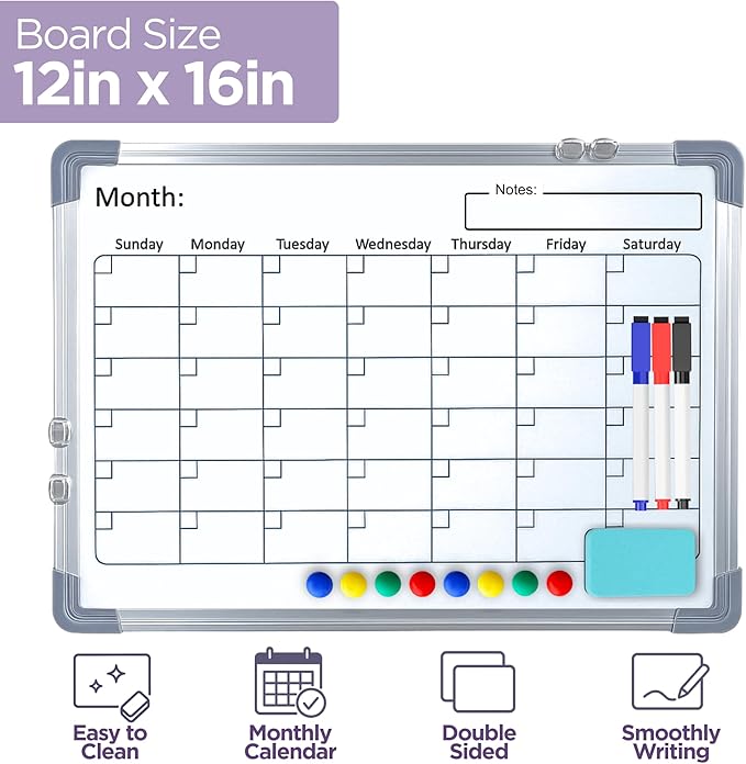 Large White Board Calendar Dry Erase Planner -Dual Side Magnetic Whiteboard for Fridge -Family Calendar Planning Boards w/Movable Hooks - Monthly Whiteboard with Lines, Memo, Pens & Eraser (16x12)