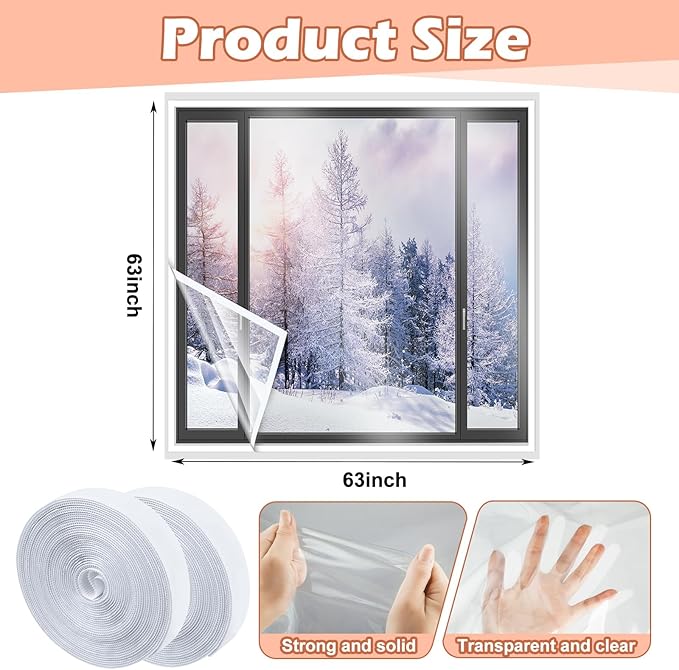 63 x 63 Inch Window Insulation Kit Cuttable Transparent Film with Adhesive Straps Reusable Window Plastic for Winterizing Thicken Thermal Waterproof Attic Insulation Cover Warm Winter