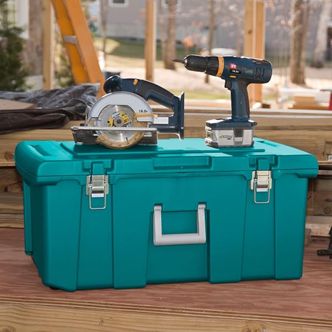 Sterilite 4-Pack Footlocker, Lockable Plastic Utility Storage Container Box, Teal - Heavy-Duty Organizing Containers for Home, Garage, Office, and Basement