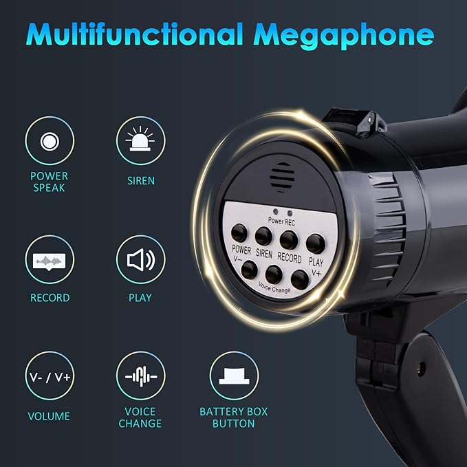MyMealivos 20w Megaphone Speaker Portable Voice Changer Bullhorn with 6 Different Sound Effects & Built-in Siren and Record & Adjustable Volume Loud Speaker for Outdoor Sports, Party-Black