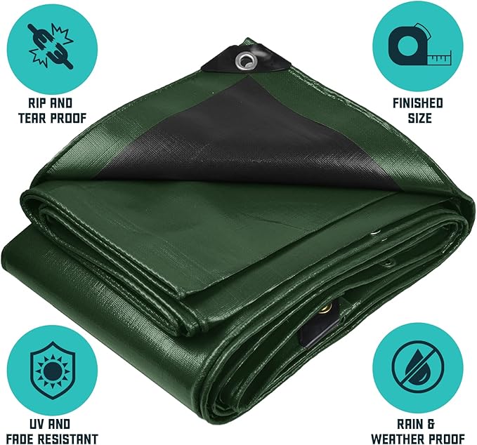 Core Tarps Extra Heavy Duty 16 Mil Tarp Cover, Waterproof, UV Resistant, Rip and Tear Proof, Poly Tarpaulin with Reinforced Edges for Roof, Camping, Patio, Pool, Boat (Green/Black 10′ X 20′)