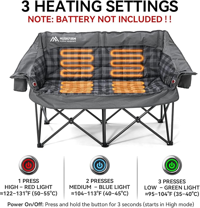 Heated Double Camping Chair, Oversized Camping Loveseat with 4 Heating Zones and 3 Temperature Settings, Portable Heated Double Chair for Outdoor Use（Battery Not Included）