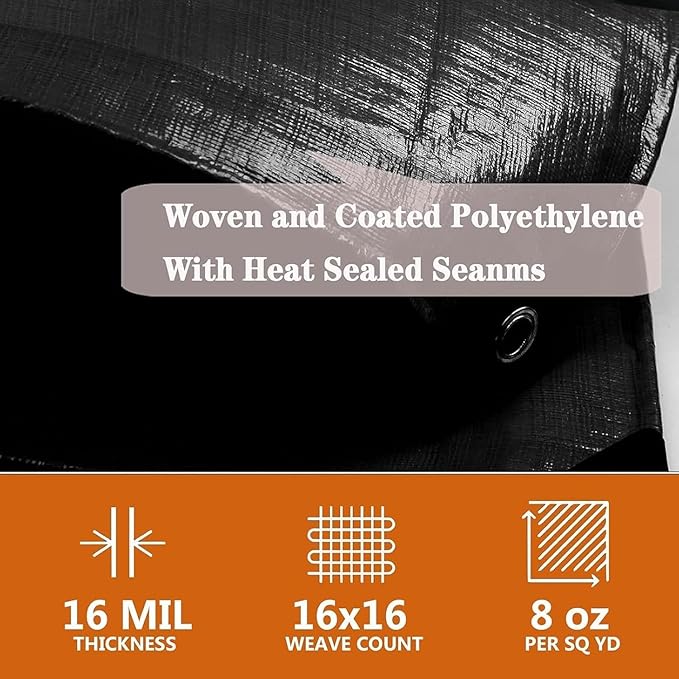 Tarps Heavy Duty Waterproof 5x8ft,TEZONG Black Plastic Tarp 16Mil Outdoor Tarpaulin Cover for Emergency Rain,Patio Furniture,Wood,Roof,Camping,Car,Pool