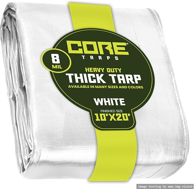 Core Tarps Heavy Duty 8 Mil Tarp Cover, Waterproof, UV Resistant, Rip and Tear Proof, Poly Tarpaulin with Reinforced Edges for Roof, Camping, Patio, Pool, Boat. (White 10′ X 20′)