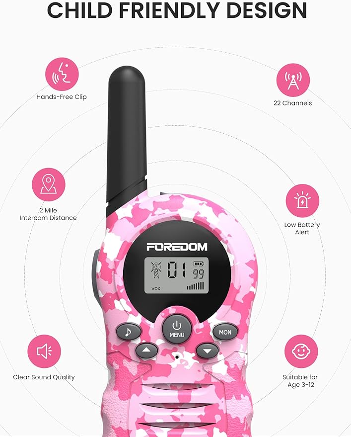 FOREDOM Walkie Talkies for Kids Walkie Talkies Long Range for Boys & Girls Age 3 to 12 Year Old Birthday Cool Army Toys - 2 Pack