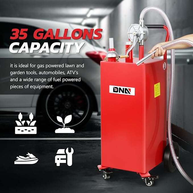 DNA MOTORING 35 Gallon Gas Caddy Fuel Tank Container, Large Gasoline Diesel Can with Wheels, Rotary Hand Pump for Cars, Lawn Mowers, ATVs, Boats, TOOLS-00387