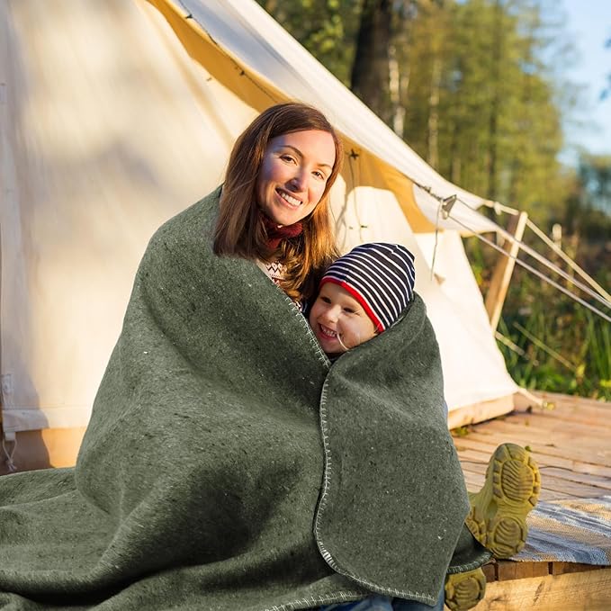 Preboun 3 Pieces Wool Camping Blanket Bulk 60" x 80" Military Wool First Aid Fire Retardant Blanket Queen for Outdoors Camping Stadium Picnics Travel Car Survival Kits(Olive Green)