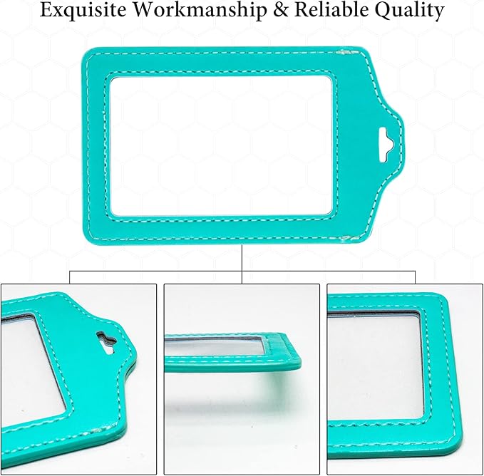 Teskyer 2 Pack of Double Sided Clear Badge Holder with Lanyard, PU Leather ID Badge Name Card Holder with Stainless Steel J-Hook Nylon Lanyard for Work ID, School ID, Metro Card, Access Card, Cyan