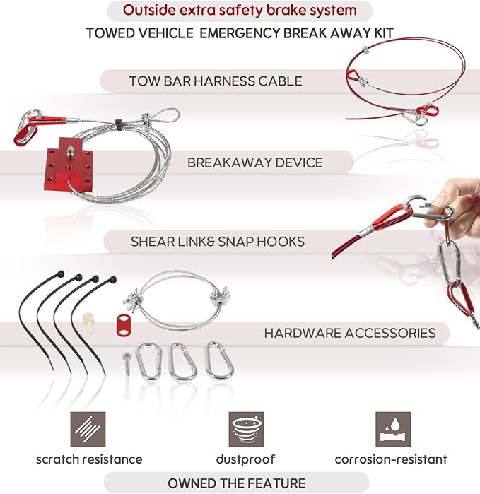 Camoo RV Brake Systems for Flat Towing, Emergency Break Away Device and Ready Stop Device,w/Break Pedal Connected Cables Kit Work Between Flat-Towing Cars and RV Tow Bars