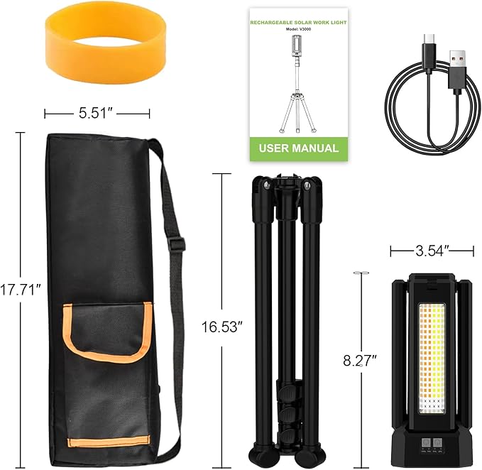 13200mAh Rechargeable Solar Work Light with Folding Stand and Carrying Bag, AODOO 8000 Lumen Stepless Dimmable , White/Warm/Nature White/RED(SOS) with Detachable Tripod (Black)