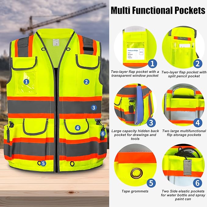 HYCOPROT Reflective Safety Vest Class 2 High Visibility Heavy Duty Construction Vest with Padded Neck,Meet ANSI/ISEA Standard