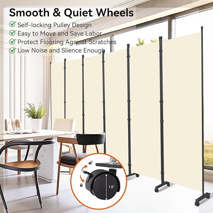Room Divider 132''W Wall Divider for Room Partition (Heavy Duty Base) 6 Panel Partition Room Dividers, Freestanding Room Divider Screen Separation W/Wheel Folding Privacy Screen Panel Space Separator