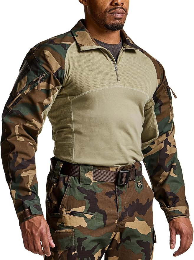 CQR Men's Combat Shirt Tactical 1/4 Zip Long Sleeve Military BDU Shirts Camo EDC Top with Pockets