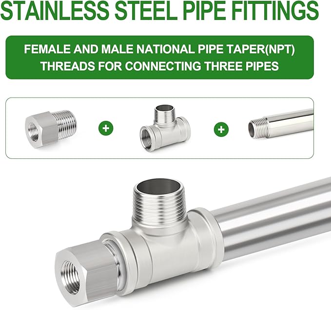 TAISHER 2PCS 304 Stainless Steel Tee Pipe Fittings, 1/4" NPT Female x 1/4" NPT Male x 1/4" NPT Female Pipe Fittings, Male Branch Tee