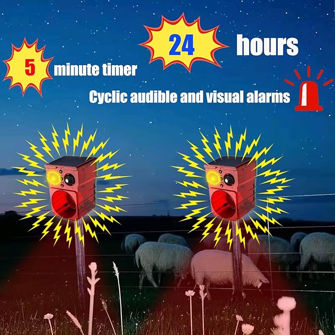 Solar Outdoor-Indoor Motion Sensor Alarm - Loud Noise Maker, Detector Strobe Lights with Alarm Sound and Barking and Gunshot Sound, Featuring Remote Control, Ideal for Homes, Cottages, and Farms.