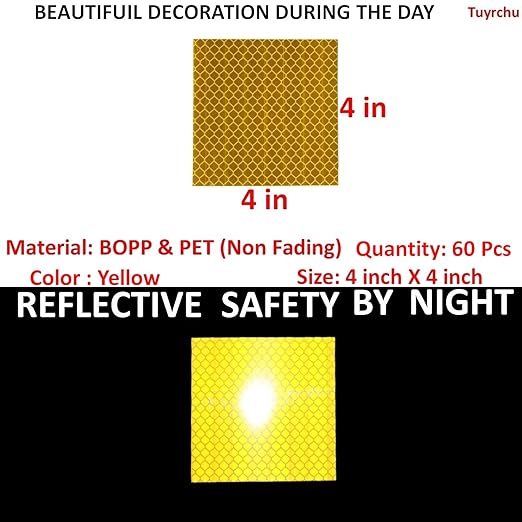 Yellow Reflective Stickers 4 inch X 4 inch, Outdoor Waterproof High Visibility Warning Safety Adhesive Reflector Tape (60 Pcs)