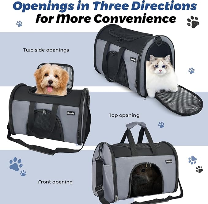 Zavothy TSA Airline Approved Soft-Sided Pet Carrier for Small to Medium Cats and Puppies, Up to 15 Lbs – Collapsible Travel Carrier for Dogs & Cats, Grey