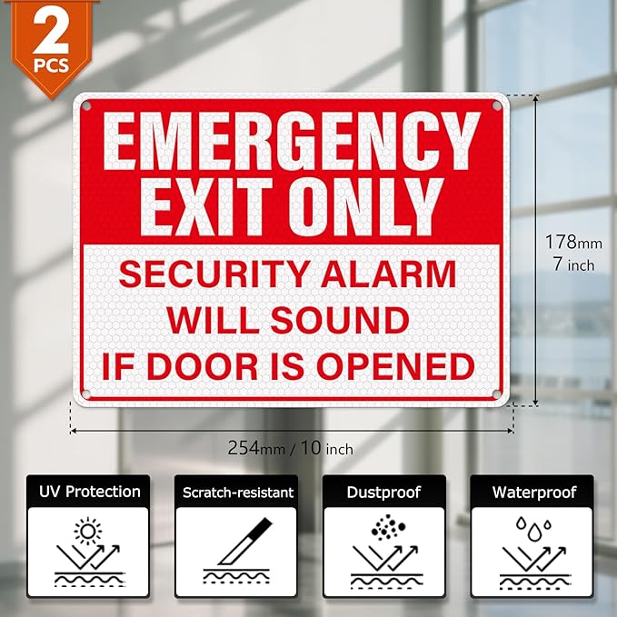 2 Pack Emergency Exit Only - Security Alarm Will Sound If Door Is Opened Sign 10 × 7 Inches Reflective Waterproof Aluminum Safety Signage with Pre-Drilled Holes for Workplace Warehouse