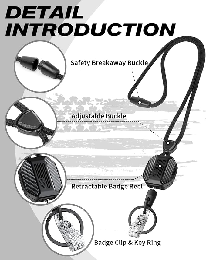 LIUGX Retractable Breakaway Lanyards for ID Badges Holder Keys, Carbon Fiber-Texture & American Flag, Badge Reel with Heavy Duty ID Card Holder (Holds 6 Cards) with 20" Cord, Keychain, 4.2 oz, Black