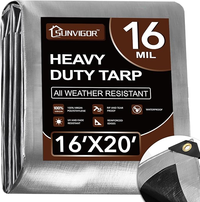 Tarp 16x20FT, Extra Thick 16Mil Heavy Duty Waterproof Tarps with Brass Grommets and Reinforced Edges, Tear & Fade Resistant, 100% UV Blocking Outdoor Tarp for Roof Camping Pool Boat (Silver/Black)