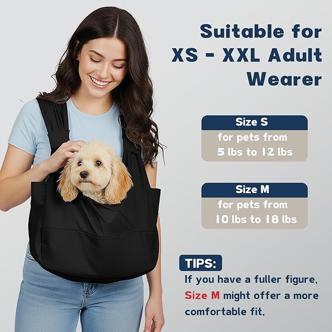 Dog Sling Carrier for Small Dogs with Bottom Support, Adjustable Pet Front Dog Carrier-Padded Straps Reducing Back Neck Pain, Anti-Anxiety Backpack for Travel Hiking Camping, Hands Free (Black,M)