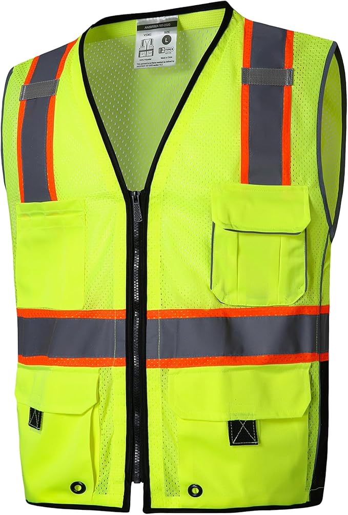 SKSAFETY Professional Class 2 High Visibility Safety Vest With Zipper - 10 Pockets, Reflective Strips, ANSI/ISEA Standard, Construction Work (Lime, 5XL)