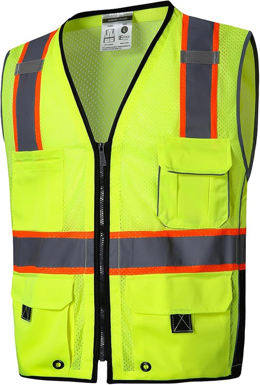 SKSAFETY Professional Class 2 High Visibility Safety Vest With Zipper - 10 Pockets, Reflective Strips, ANSI/ISEA Standard, Construction Work (Lime, 5XL)