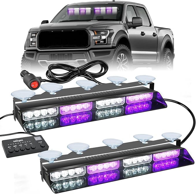 Nilight 32LED Purple White Emergency Dash Strobe Lights with Controller Suction Cups Warning Hazard Interior Front/Rear Windshield Deck Split Light Bar for Truck Construction Vehicle