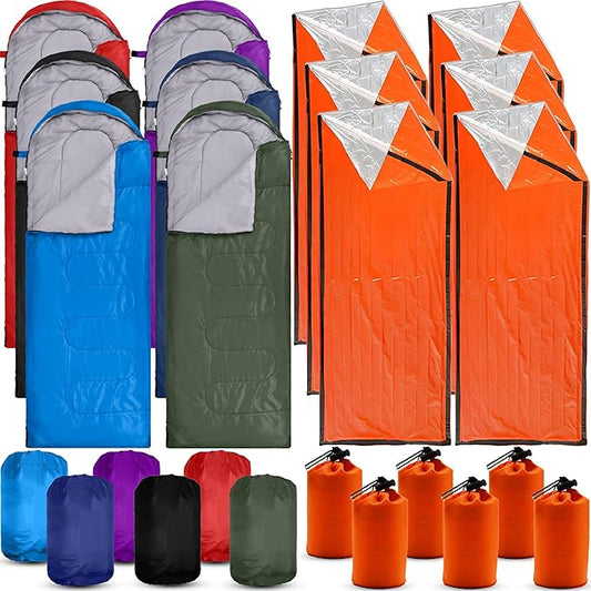 Macarrie 12 Pack Sleeping Bags Set with Compression Sacks, 6 Camping Sleeping Bags for Homeless Adults, and 6 Emergency Survival Sack for Hiking Outdoor Homeless Shelter Donation Supplies