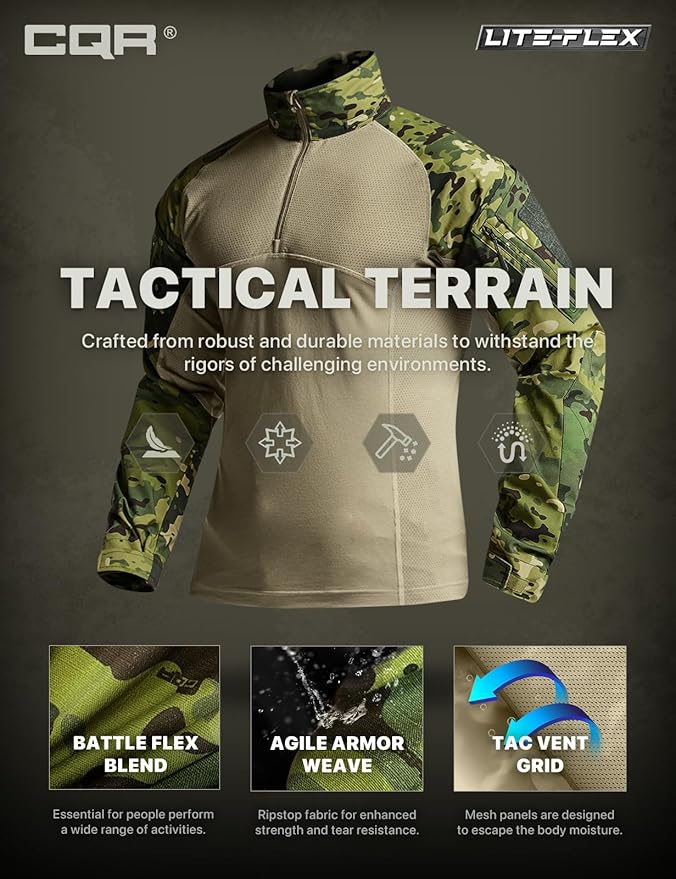 CQR Men's Combat Shirt Tactical 1/4 Zip Long Sleeve Military BDU Shirts Camo EDC Top with Pockets