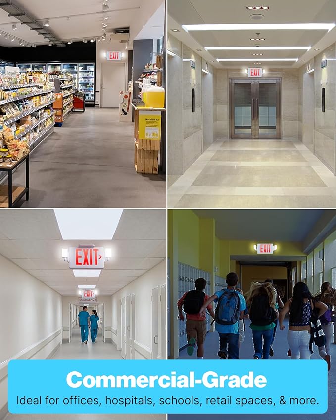 Sunco Exit Signs With Emergency Lights, Two Adjustable LED Lights With Backup Battery, Red, 94V-0 Fire Resistant, 120-277V, Wall Or Ceiling Mount, Commercial Grade UL.