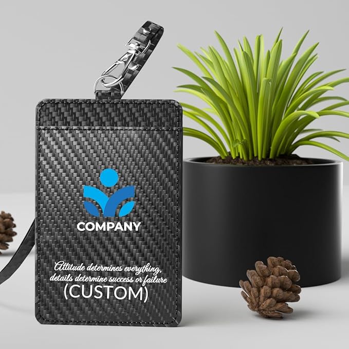 Carbon Fiber Work ID Card Holder with Lanyard is a Stylish and Durable Card Holder with Dual Card Capacity, Clear Display Window and Privacy Back Pocket (with Logo)