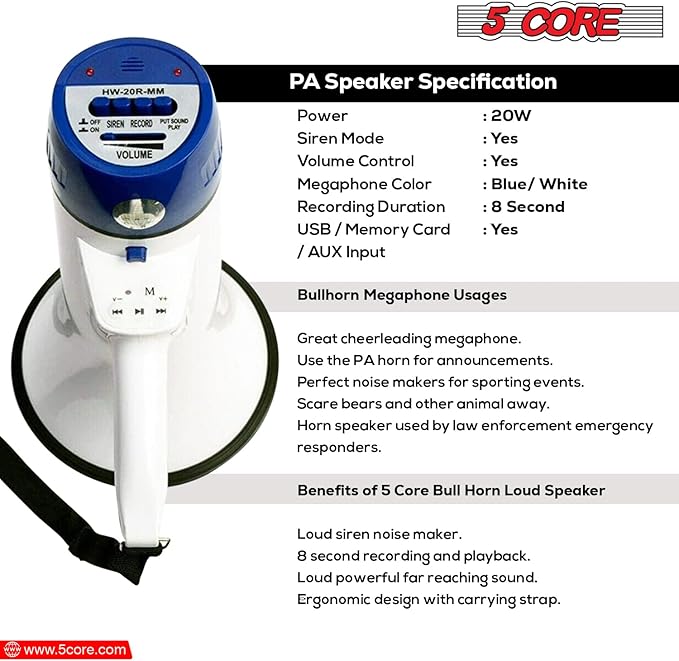 5 CORE Megaphone Speaker Portable 20W Bullhorn w Siren Adjustable Volume Bull Horn 300 Meter Range Battery Operated Handheld Mega Phone for Coaches Safety Drill - Parent MEGA 20R