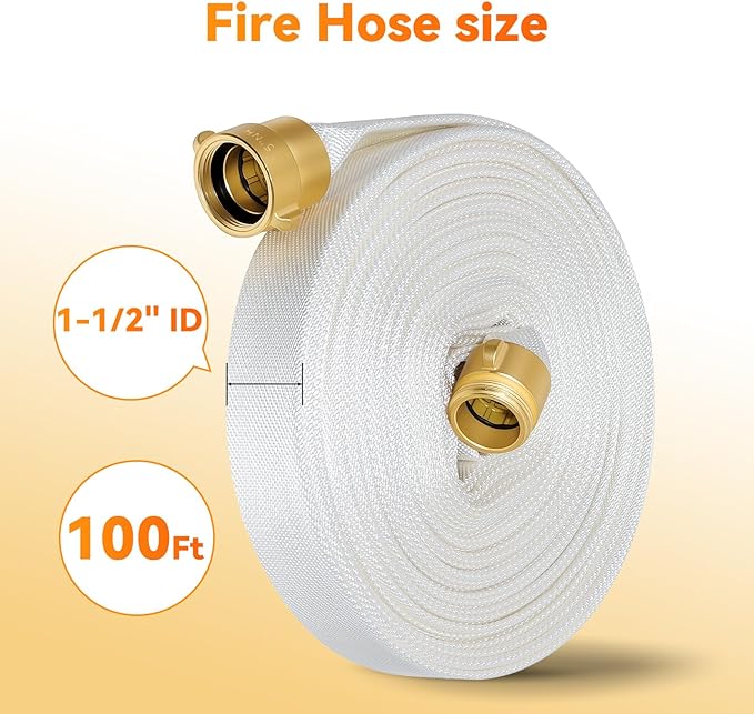Upgraded Fire Hose 100 FT x 1-1/2" ID, M × F NST/NH Brass Couplings, Working Pressure 430 PSI, Burst Pressure 1300 PSI, Indoor Fire, Home, Garden Fire Hose Irrigation
