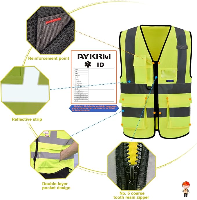 Reflective Security Safety Vests Heavy Duty with 7 Pockets and Front Zipper