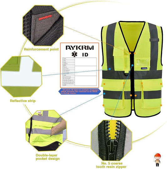 Reflective Security Safety Vests Heavy Duty with 7 Pockets and Front Zipper