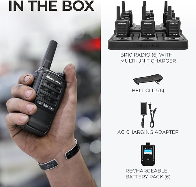 Midland BR10 Heavy-Duty Business Walkie Talkies – 2-Watt Long Range Two-Way Radios, FRS License-Free, Rechargeable Battery, Portable Handhelds for Job Sites & Manufacturing (6-Pack)