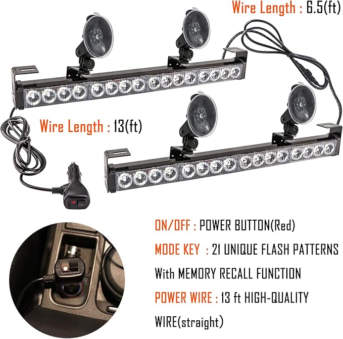 LE-JX Amber 2 in 1 Emergency Strobe Light Bar 21 Flash Patterns Yellow Traffic Advisor Warning Hazard Windshield Safety Lights Bar with Cigar Lighter for Police Vehicles, Truck (2×16.8 inch, 32 Led)