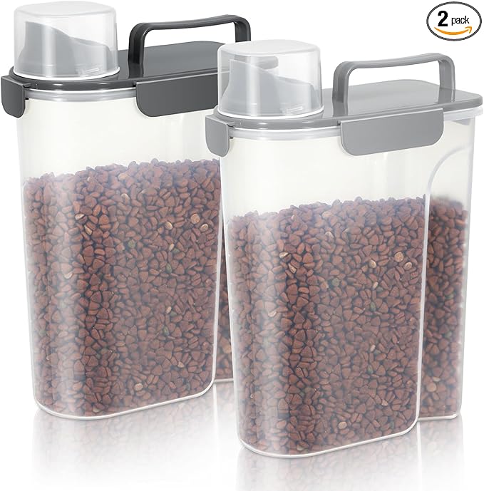 Cat Dog Food Storage Container, Upgraded Large Nozzle,5LBS Plastic Pet Food Storage Container, With 4 Sealed Clasps, 1 Measuring Cup and Handle, Easy to Clean and Carry -2 Pcs Light Gray + Dark Gray