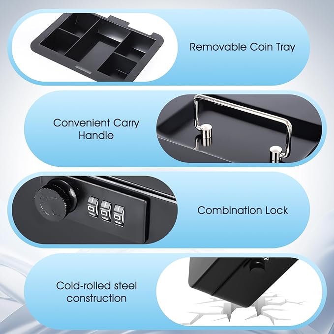 KYODOLED Cash Box with Combination Lock Safe Metal Money Box with Money Tray for Security Lock Box 7.87"x 6.30"x 3.35" Black