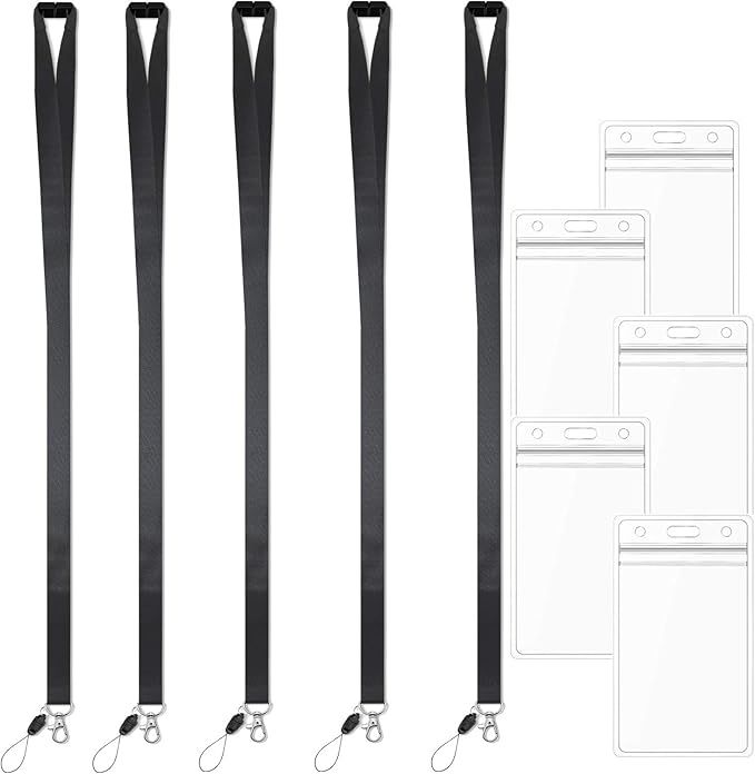 Lanyard with ID Badge Holder Black Breakaway Lanyards for ID Badges Keys Women Men Cruise Neck Office Waterproof 5 Pack