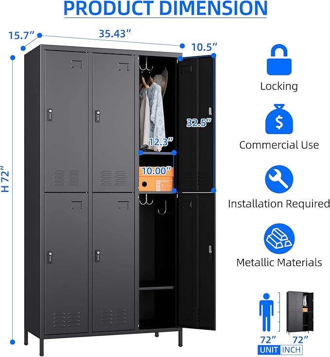 6 Doors Metal Locker for Employees with Combination Locks,Metal Lockers with Business Card Holder and 18 Hooks for Office Gym Home,Assembly Required,Black
