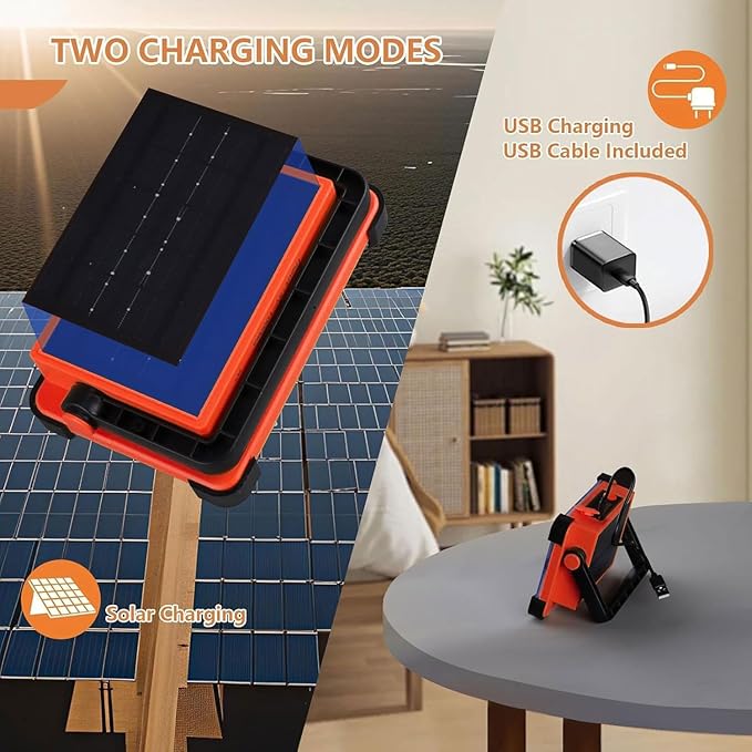 120W LED Solar Work Light, 144 LED 10000LM Portable Flood Light with Stand, Red 4 Modes Rechargeable, IP65 Waterproof Outdoor Working Light for Camping, Fishing, Car Repair & Mechanics (1)