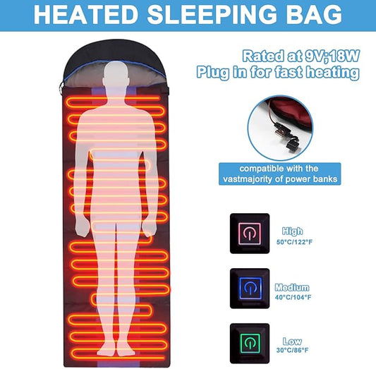 Heated Sleeping Bag for Adults, Electric Warm Bag with 3 Adjustable Heating Levels, USB Powered Heating Pads Adjustable Hood, 0 Degree Sleeping Bag Keep Warm for Cold Weather Camping Outdoor Hiking