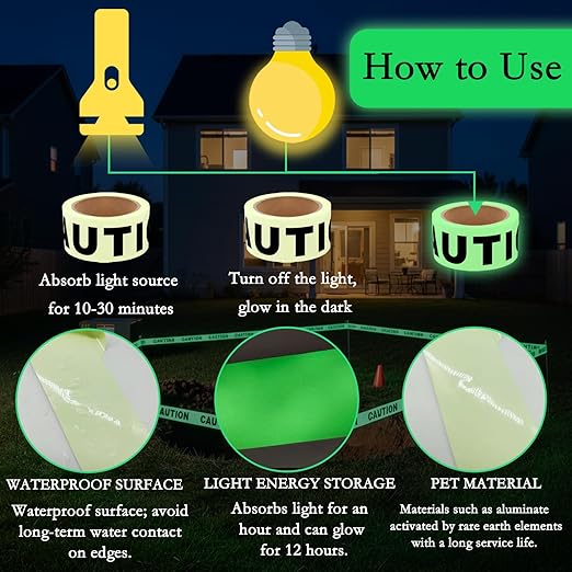 Glow in The Dark Tape Caution Tape Roll 2inx32.8ft Crime Scene Construction Warning Glow Tapes Indoor Outdoor Barricade Safety Night Decorations Glows in The Dark Stairs Walls Exit Door Danger Areas