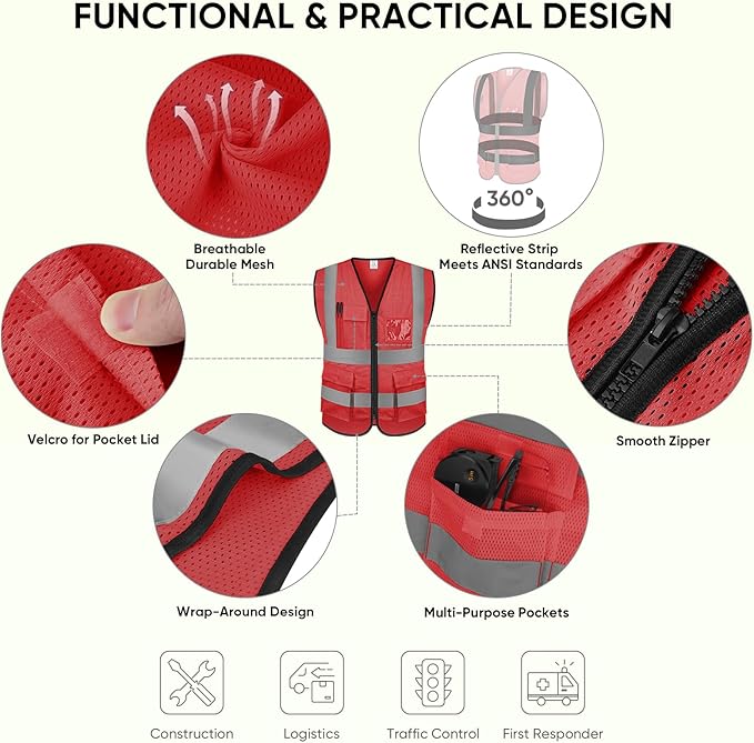 TICONN Reflective Safety Vest High Visibility Class II Mesh Vest for Women & Men Meets ANSI Standards