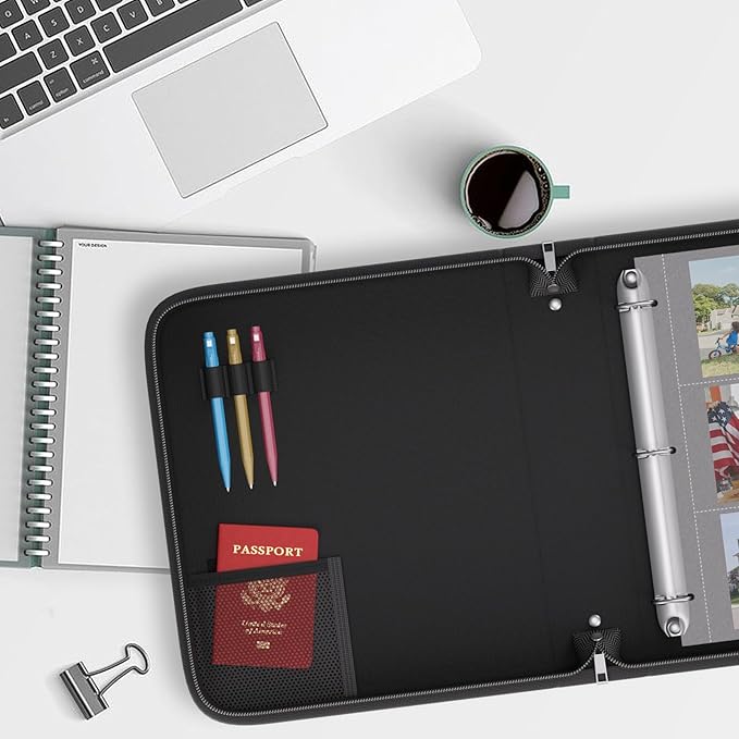 Fireproof 3 Ring Binder with Zipper, 2 Inch D Rings Hold up 450 Sheets of 8.5" x 11" (A4), Compatible with Clear Page Protectors, Built-in net and Pen Holder (1 Pcs, Black, 2")