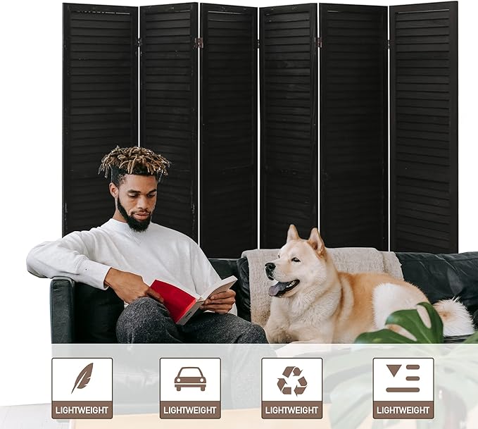 ECOMEX 6 Panel Louver Wood Room Divider 5.6ft.Tall Folding Privacy Screen Panels, Room Divider Wall, Divider for Room Separation, Partition Room dividers and Effectively Block Sight(Black)