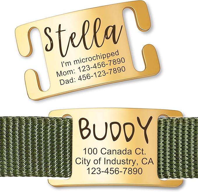 Anavia Slide On Silent Pet ID Tags, S/M/L/XL Personalized Gold Black Stainless Steel Customized Engraved Cat Dog Name Tags, Glossy Finish Chew-Proof Quiet Dog Collar Tag (Small, Gold)